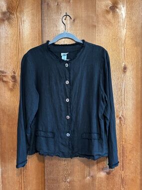Match Point USA Black 100% Linen Raw Edge Fringe Jacket Mother of Pearl L